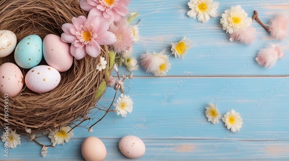 Nest with colorful Easter eggs and flowers on blue background, copy space