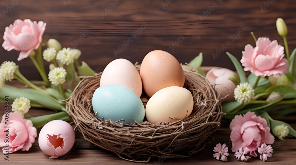Nest with pastel Easter eggs and flowers on brown wooden background, copy space
Nest with pastel Easter eggs and flowers on brown wooden background, copy space