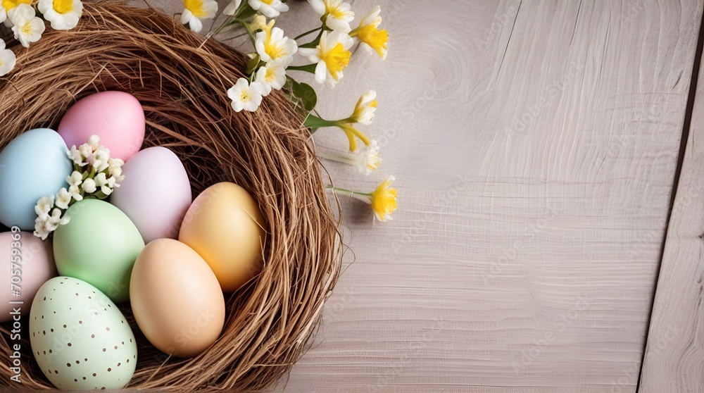 Nest with pastel Easter eggs and flowers on brown wooden background, copy space


