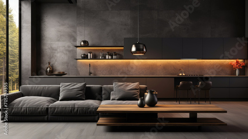 Modern black minimalist kitchen living room interior with sofa, wooden floor, panoramic windows and orange lighting. © Katerina Bond