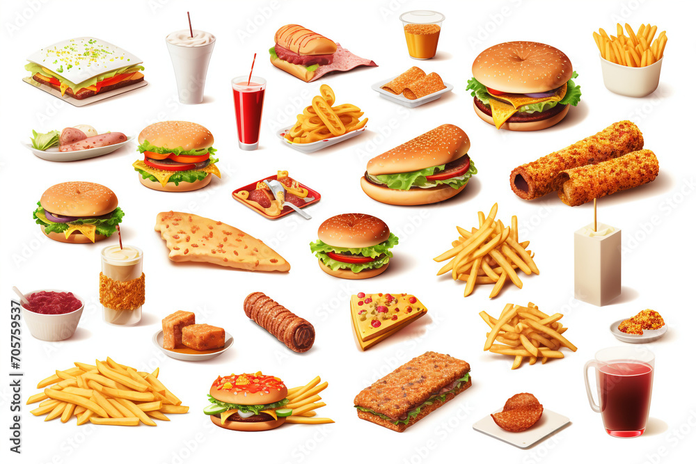 Fast food, street food 3d vector icon set. Pizza, roasted turkey, hamburger, scrambled eggs, brocheta, fried fish, tacos, french fries Fast food, street food 3d vector icon set. Pizza, roasted turkey, hamburger, scrambled eggs, brocheta, fried fish, tacos, french fries