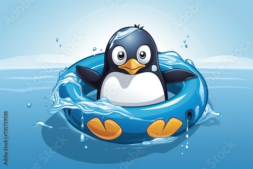  a penguin is floating in the water on an inflatable raft with a smile on its face and eyes  with a blue background of water and a blue sky.