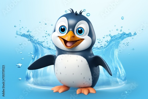  a cartoon penguin with big blue eyes and a smile on his face  standing in the water with a splash of water behind him  on a light blue background.