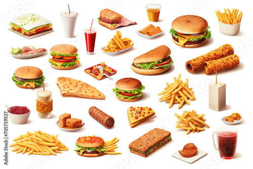 Fast food, street food 3d vector icon set. Pizza, roasted turkey, hamburger, scrambled eggs, brocheta, fried fish, tacos, french fries photo