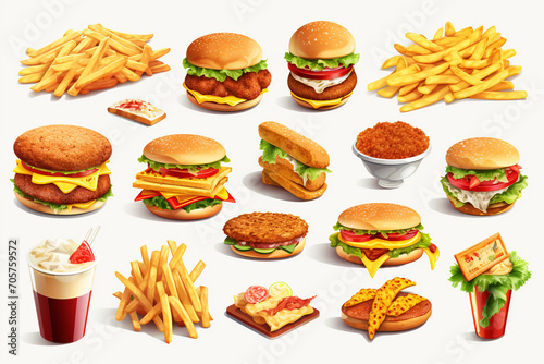 Fast food, street food 3d vector icon set. Pizza, roasted turkey, hamburger, scrambled eggs, brocheta, fried fish, tacos, french fries photo