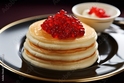  a stack of pancakes topped with raspberries on a black and white plate with a small bowl of raspberries in the middle of the stack of pancakes.