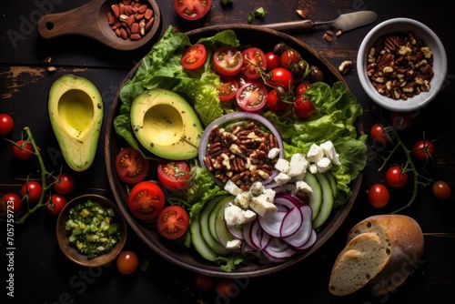  a plate of food with avocado, tomatoes, lettuce, nuts, tomatoes, and other foodstuffs on a wooden table with spoons.