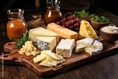  a wooden cutting board topped with lots of different types of cheese and condiments next to a jar of mustard and a bowl of grapes and a jar of ketchup.