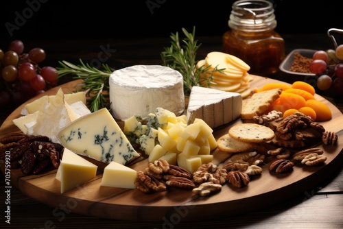  a variety of cheeses and nuts on a wooden platter with grapes, nuts, pecans, pine cones, and a bottle of wine in the background.