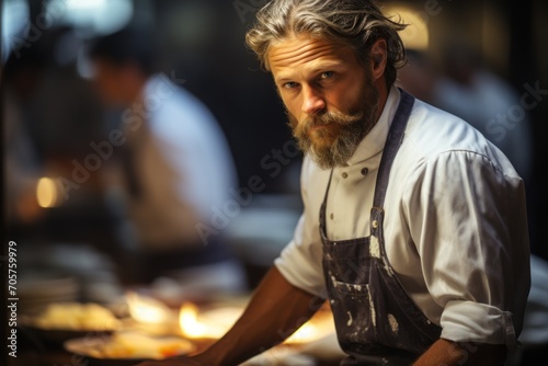  a man with a beard and a beard wearing an apron in front of a table with food on it and other people in the background working in a restaurant kitchen.