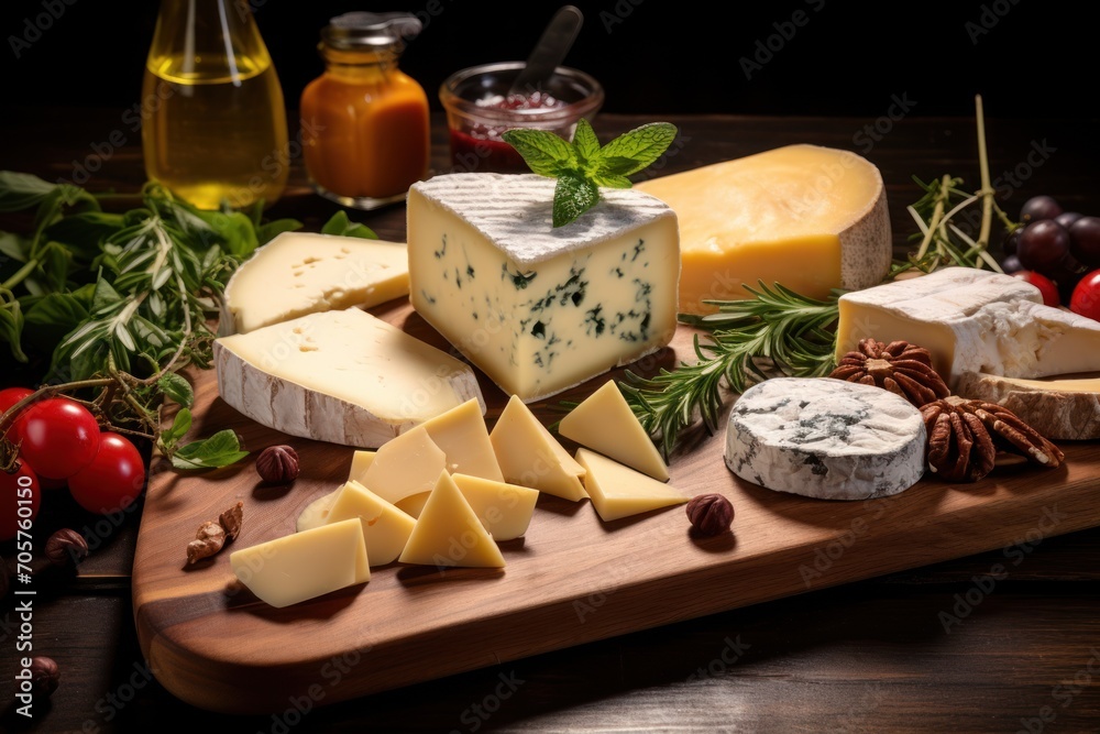  a wooden cutting board topped with lots of different types of cheeses and cheeses on top of a wooden table next to a bottle of ketchup and a glass of wine.