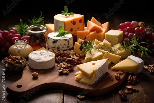  a variety of cheeses and nuts on a cutting board with grapes, nuts, nutshells, and a bottle of wine on the side of the table.