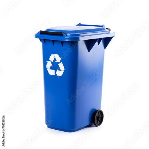 Blue recycling bin with recycle logo 