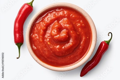  a white bowl filled with red sauce next to a red pepper on top of a white surface with a red chili in the middle of the bowl and a red chili in the middle of the bowl.