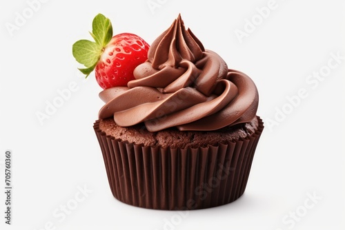 a chocolate cupcake with a chocolate frosting and a strawberry on top  on a white background  with a green leaf on the top of the cupcake.