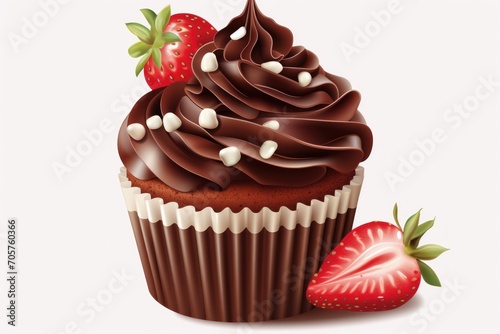  a chocolate cupcake with a chocolate frosting and strawberries on the side of the cupcake, with chocolate icing and sprinkles on top of the cupcake.