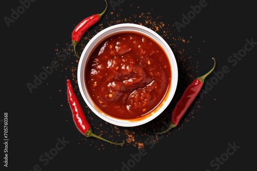  a white bowl filled with chili sauce next to two red chili peppers on a black surface with sprinkles of chili on the side of the bowl and a black surface.