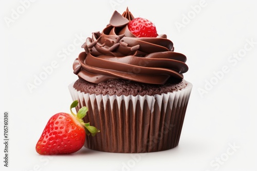 a chocolate cupcake with a chocolate frosting and a strawberry on the side of the cupcake with a chocolate frosting and a strawberry on the side of the cupcake.