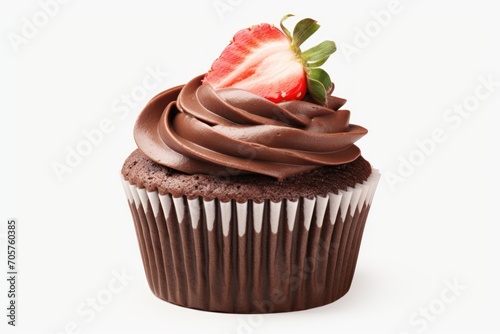  a chocolate cupcake with a chocolate frosting and a strawberry on top, on a white background, with a shadow of a cupcake on the side of the cupcake.