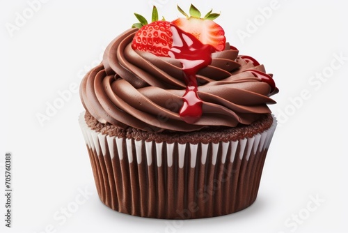  a chocolate cupcake with a chocolate frosting and a strawberry on top, with a drizzle of chocolate and a strawberry on the top of the cupcake.