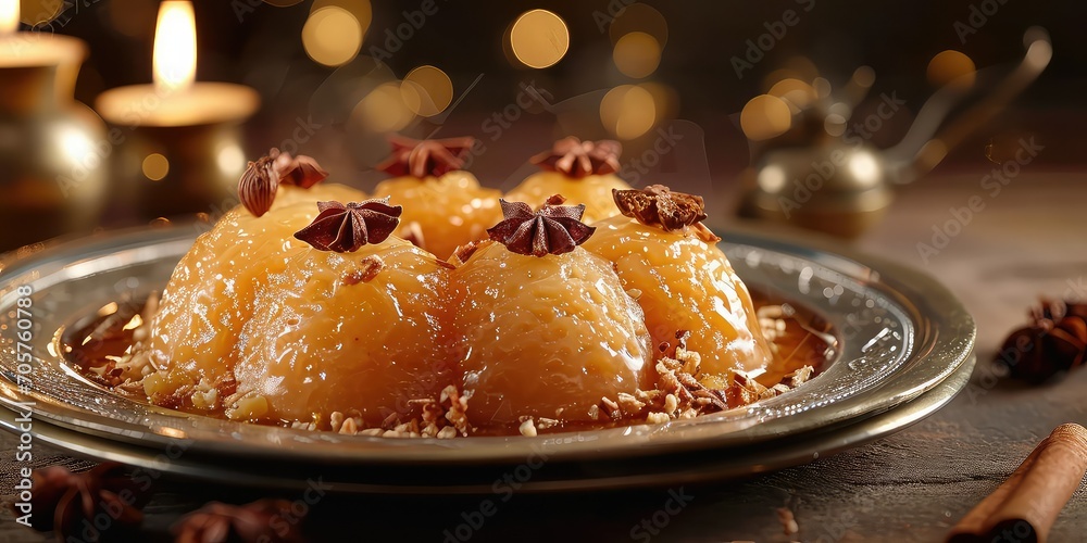 Habshi Halwa Extravaganza: A luxurious dessert setting with a plate of halwa - Opulent Sweetness with Luxury Ingredients - Warm, golden lighting enhancing the richness and grandeur of this sweet - obrazy, fototapety, plakaty 