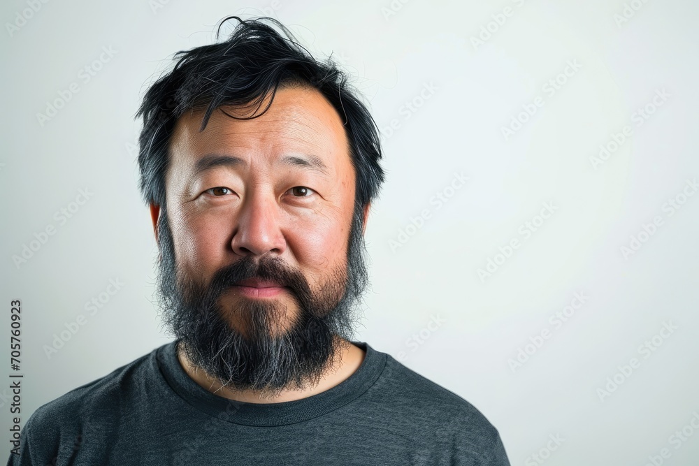 Rugged portrait of an Asian man with a beard, white background Rugged portrait of an Asian man with a beard, white background