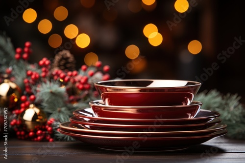  a stack of red plates sitting on top of a wooden table next to a christmas tree filled with red and gold baubes of baubs and baubs. photo