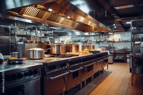 Restaurant kitchen interior with professional equipment. Toned image, Empty restaurant kitchen with professional equipment, AI Generated