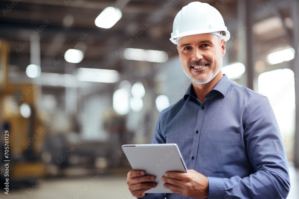 Portrait of mature man in hardhat using digital tablet in warehouse, Engineer manager leader wearing helmet holding tablet looking at camera, AI Generated - obrazy, fototapety, plakaty 