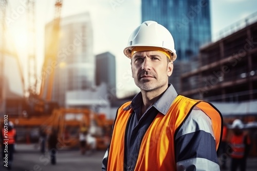 Portrait of confident mature Caucasian male engineer wearing safety helmet and reflective vest standing in front of construction site, Engineer, construction and team or manager outdoor, AI Generated