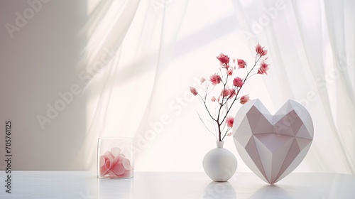 Minimalist Valentine's Day Composition with Heart-Shaped Decorations and Soft Natural Light. © Juan