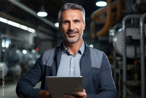 Portrait of confident mature man holding digital tablet in warehouse at factory, Engineer manager leader wearing helmet holding tablet looking at camera, AI Generated
