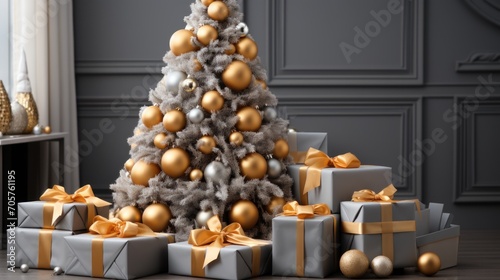  a christmas tree decorated with gold and silver ornaments and wrapped presents in front of a christmas tree with gold and silver ornaments on the top of the tree is surrounded by.
