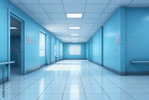 Blue hospital corridor with blue walls and tiled floor, 3d render, Empty modern hospital corridor background, Clinic hallway interior, AI Generated