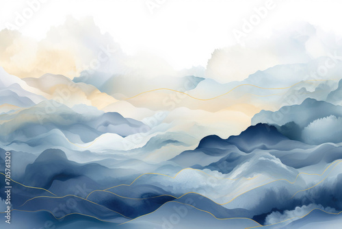Delicate landscape background, mountains, watercolor drawing in white and blue shades. Abstract wallpaper design for print, wall art and home decor.