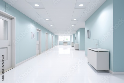 Interior of a hospital corridor with blue walls, white tiled floor and glass doors. 3d rendering, Empty modern hospital corridor background, Clinic hallway interior, AI Generated
