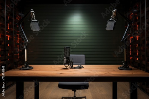 3d illustration of a professional studio with a desk, laptop and microphone, Empty studio without people, Studio for podcasts or interviews, AI Generated