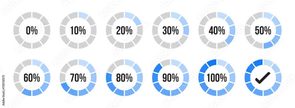 Percentage infographics in blue color shades. Circle loading and circle progress collection. Set of circle percentage diagrams for infographics 0 10 20 30 40 50 60 70 80 90 100 percent in blue color