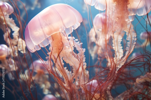  a group of jellyfish swimming in a blue sea with red and white seaweed in the foreground and a blue background with a light shining on the bottom part of the water.
