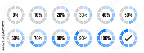Percentage infographics in blue color shades. Circle loading and circle progress collection. Set of circle percentage diagrams for infographics 0 10 20 30 40 50 60 70 80 90 100 percent in blue color