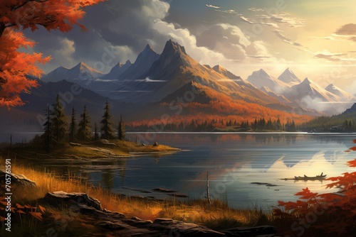 Beautiful autumn landscape with lake and mountains. Digital painting illustration  Digital painting capturing an autumn landscape with a lake and mountains in the background  AI Generated