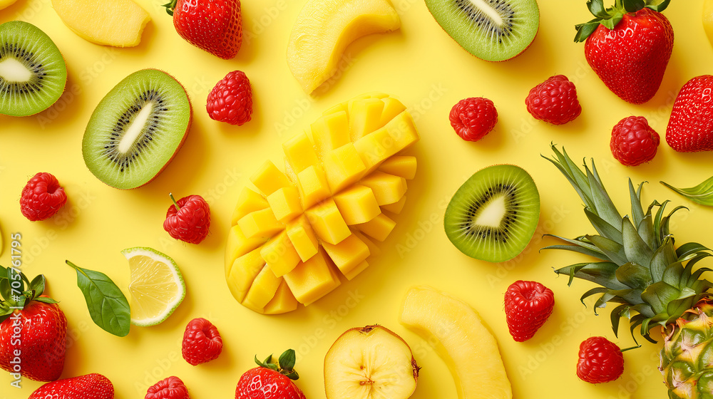 Pineapples and palm leaves on yellow color summer background. Whole tropical summer pineapples fruits and sliced pineapple halves flat lay composition with copy space Pineapples and palm leaves on yellow color summer background. Whole tropical summer pineapples fruits and sliced pineapple halves flat lay composition with copy space