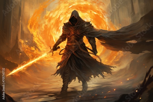 Fantasy scene with a fantasy warrior with a sword in fire, Encounter the Masked Flame Guardian, a fearless warrior wielding a blazing sword, standing against the forces of darkness, AI Generated photo