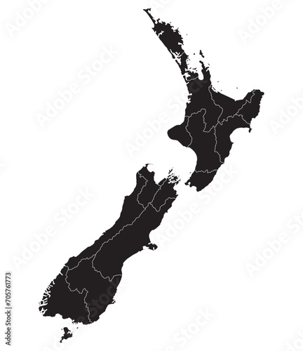 New Zealand map. Map of New Zealand in administrative provinces in black color photo