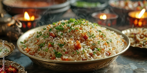 Ruz al Bukhari: A fragrant Bukhari rice dish presented on an elegant table - Aromas of Fragrant Bukhari Rice - Warm, ambient lighting enhancing the visual appeal 