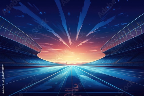 Night stadium with bright lights. Vector illustration in a modern style, Empty stadium illustration with running track under spotlight at night, AI Generated