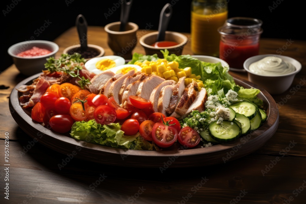  a wooden table topped with a plate filled with meat and veggies next to a bowl of sauces and a cup of ketchup on the side.