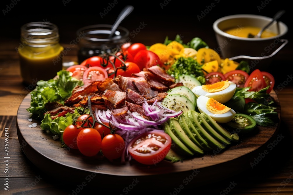  a close up of a plate of food with tomatoes, avocado, eggs, bacon, tomatoes, and lettuce on a wooden table with a cup of mustard.