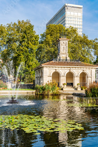 Pump house and water basins in the Italian Gardens near Lancaster Gate Kensington Gardens, Royal Parks of London, United Kingdom