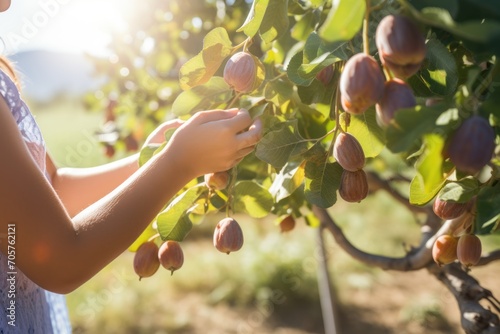  a close up of a person picking fruit off of a tree with the sun shining through the leaves and the fruit on the tree is ready to be picked from the tree.